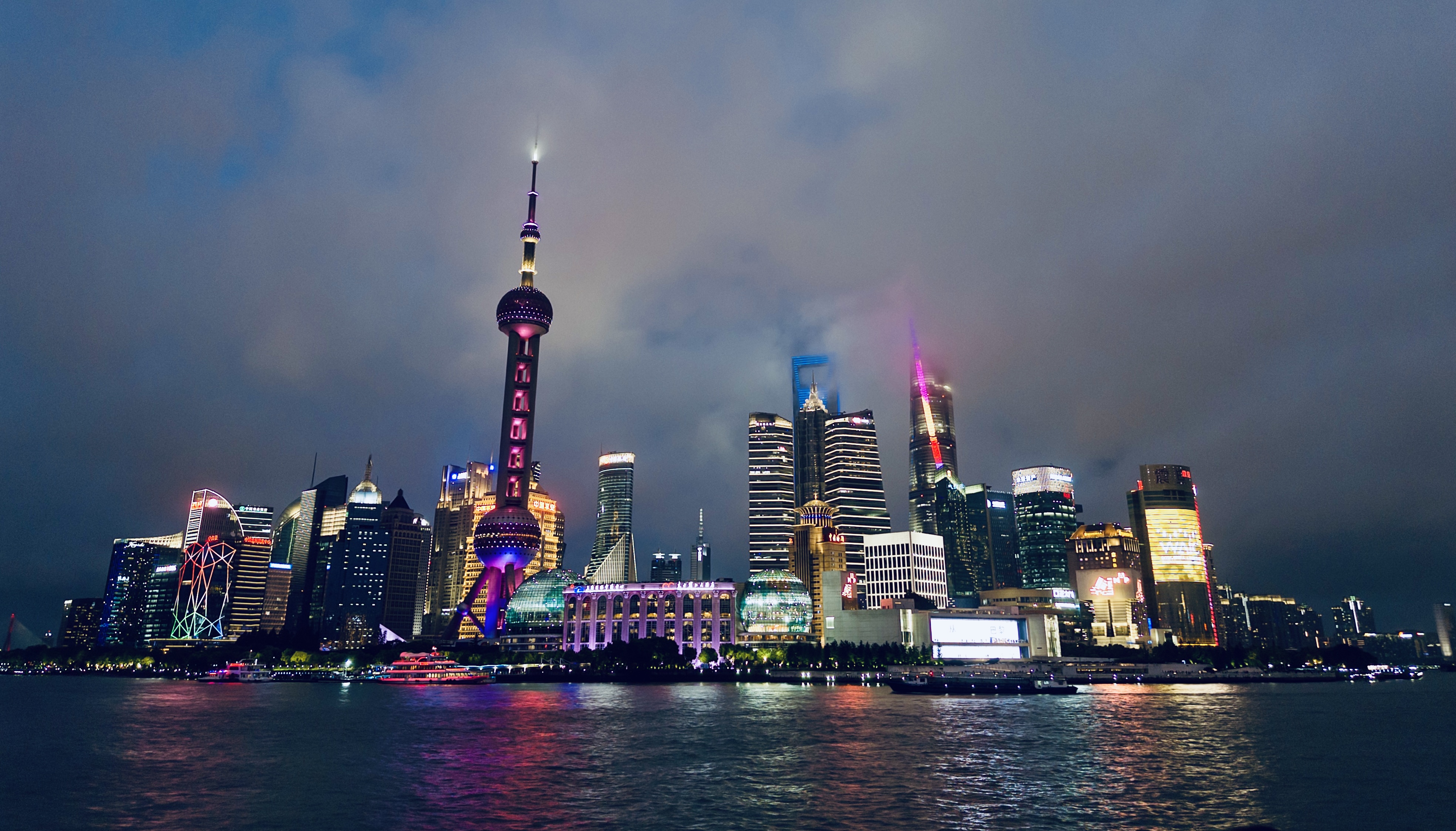 Pudong viewed from the Bund in the classic angle, lit at night